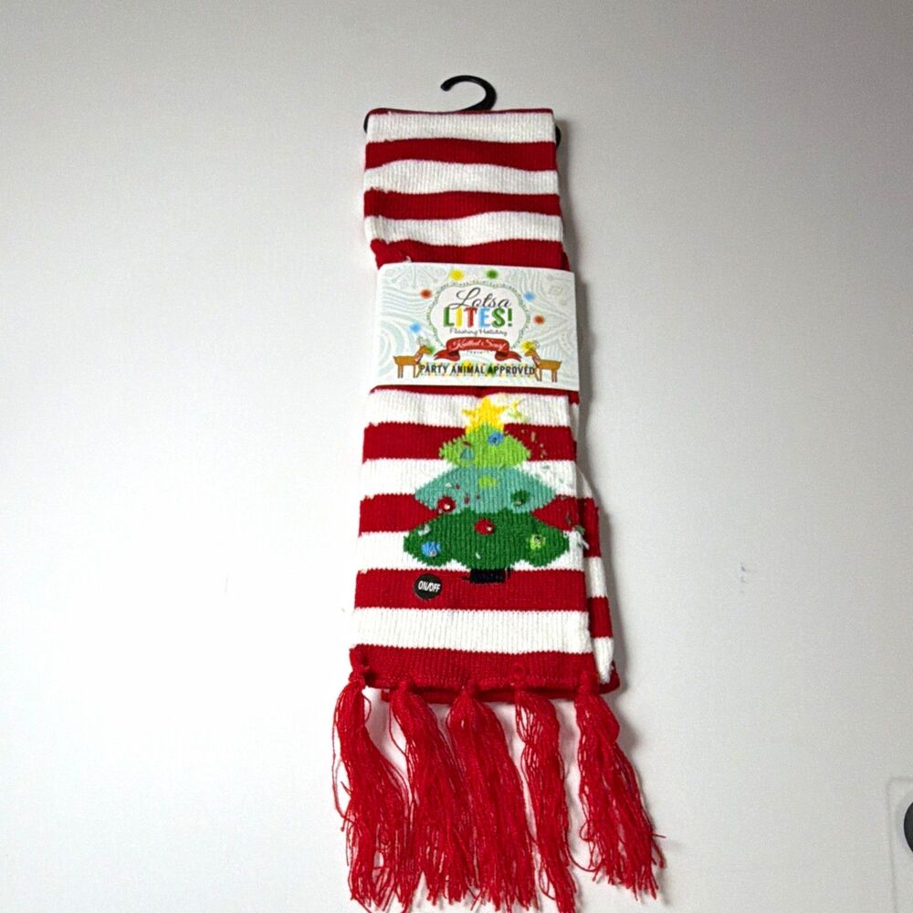 Lotsa Lites! Light-Up Knit Scarf Red/White Stripe Tree Fringe Women 33” long